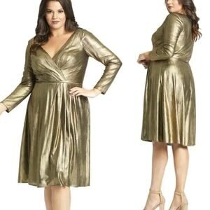 Mac Duggal 49224 Metallic Bronze Gold Faux Wrap Dress Size 14W New w/o Tag $358